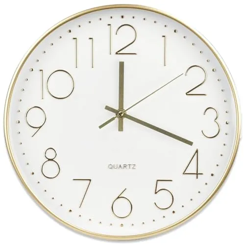 mixed24 Wanduhr Gold Weiß 30cm rund ohne Tickgeräusche Minimalistisch Modern Leicht zu lesen Uhr Analog
