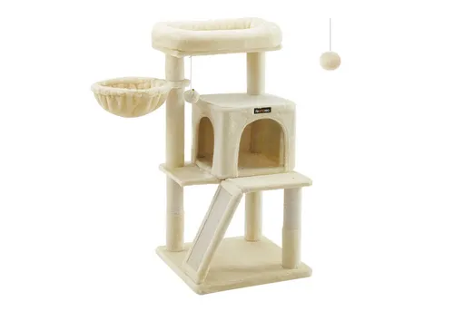 FEANDREA Kletterbaum für Katzen, 136 cm, beige mit Rampe und mehreren Plattformen - Der ideale Kletterbaum für Katzen: Mit drei Plattformen, einer Höhle und einer Rampe bietet er viel Platz und Sicherheit für spielende Stubentiger. Robust und schnell montiert, sorgt er für grenzenlosen Kratzspaß und Rückzugsmöglichkeiten.