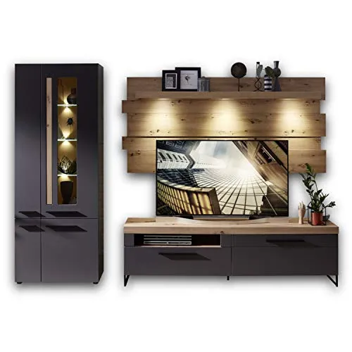 Wohnwand Anbauwand Loft-Two 2 graphit supermatt mit LED - Moderne 3-teilige Schrankwand für das Wohnzimmer, inklusive LED-Beleuchtung und praktischem Stauraum mit Schubfächern und Türen.