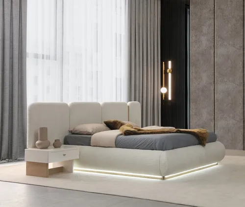 Elegantes 3-tlg. Schlafzimmer-Set mit Bett und zwei Nachttischen - Modernes Schlafzimmer-Set für Erwachsene, bestehend aus einem Bett und zwei Nachttischen. Mit integriertem LED-Licht und hochwertigem Holzgestell. Maße Bett: 225 x 280 x 110 cm, Nachttische: 60 x 40 x 52 cm, ideal für stilvolle Einrichtung.