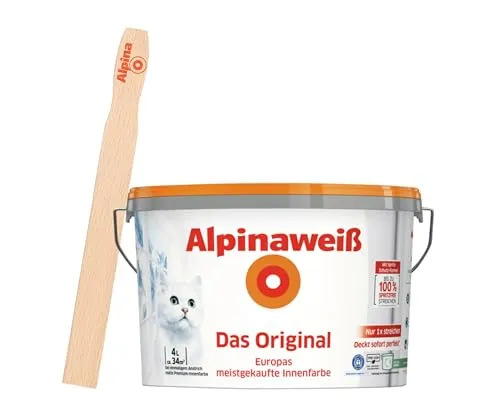 Alpinaweiß Das Original – 4L Wandfarbe mit Spritz-Schutz - Farben: Alpinaweiß bietet hohe Deckkraft und ein strahlendes Weiß mit Spritz-Schutz-Formel für sauberes Streichen – ideal für ein optimales Raumklima.