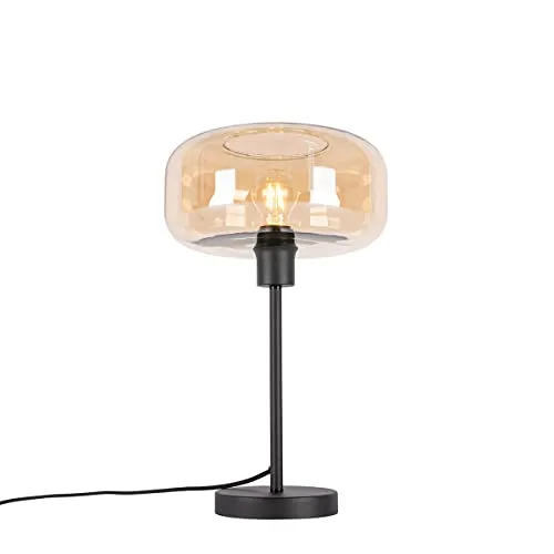 Qazqa Art Deco Tischlampe - Elegante schwarze Lampe mit braunem Glas - Tischlampen für Wohnzimmer und Schlafzimmer, dimmbar mit E27 Fassung, ideal für stilvolle Innenbeleuchtung.