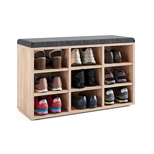 KOMTO Schuhbank mit Sitzfläche - Schuhregal Sonoma Eiche - Sitzbank mit Schuhregal und gepolsterter Sitzfläche für bequemes Schuhe anziehen, 9 verstellbare Schuhregale, ideal für Flur und Eingangsbereich, Maße: 80 x 50 x 30 cm