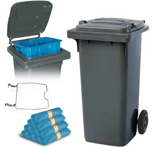 BRB-Lagertechnik Mülleimer 120 Liter mit Halter für Müllsäcke - Haushaltszubehör und ideale Lösung für hygienische Abfallentsorgung, inklusive 250 Müllsäcken und stabilen Vollgummirädern für einfache Mobilität.