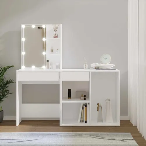 The Living Store LED-Schminktisch mit Schrank Weiß Holzwerkstoff