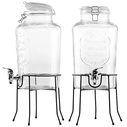 PEARL Wasserspender mit Hahn: 2er-Set Retro-Getränkespender aus Glas mit Ständer, Zapfhahn, 6, Liter (Getränkespender Wasserspender, Glas mit Zapfhahn, Wasserkanister)