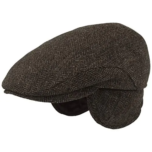 Breiter Herren Winter Schiebermütze mit Ohrenklappen Flatcap Schirmmütze 100% Wolle Newsboy ausklappbarer Ohrenschutz Hautfreundlich Bequem Fischgrät Anthrazit 65