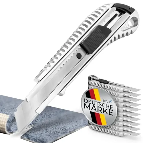 Bituxx 100 Cuttermesser Aluminium MS-15604 - Cuttermesser aus robustem Aluminium-Druckguss, ideal für präzise Schneidarbeiten. Mit eisgehärteten 18mm Klingen und 7 Abbruchstellen für vielseitige Anwendungen.