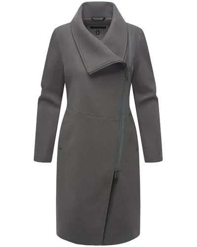 Navahoo Damen Übergangsjacke Mantel in Woll-Optik - Funktionsjacke mit asymmetrischem Kragen und wasserdichtem Reißverschluss, ideal für schicke Outfits und milde Herbst- und Wintertage.
