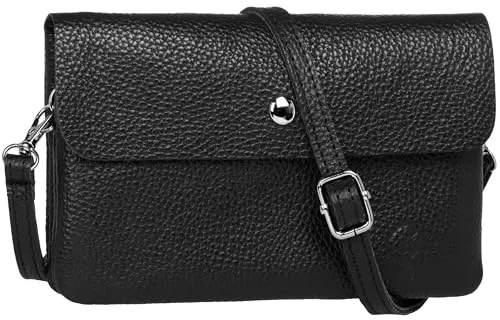 Caspar Mini Leder Umhängetasche Damen Clutch Crossbody Bag mit verstellbarem Schultergurt - CLASSIC LINE - Modell No.827 - Made in Italy, Farbe:schwarz
