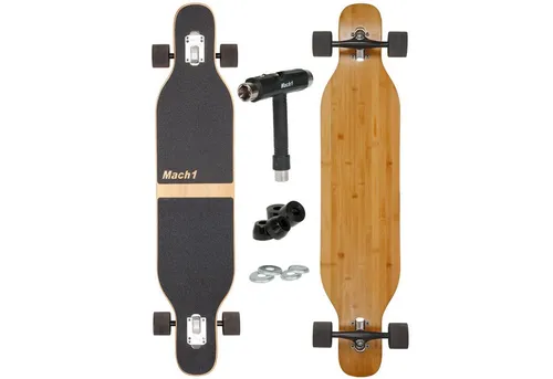 Mach1 Longboard aus Bambus mit Keramik Kugellager - Spar-Set inkl. T-Tool - Longboard mit Drop-Through Achsen für tiefen Stand und hervorragendes Lenkverhalten. Inklusive T-Tool und 4er Set 85A Bushings für optimale Anpassung. Ideal für schnelle Fahrten und komfortables Cruisen.