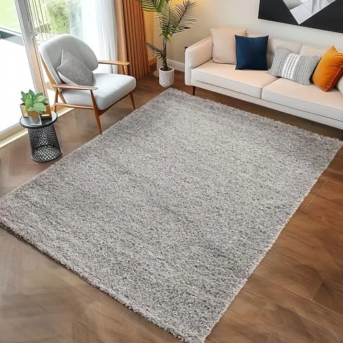 Carpettex Hochflor Teppich 120 x 170 cm Hellgrau - Flauschiger Extra Weich und Pflegeleicht - Shaggy Modern Einfarbig Design für Wohnzimmer, Schlafzimmer, Esszimmer und Küche