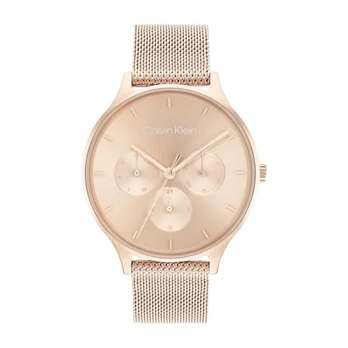 Calvin Klein Multi Zifferblatt Quarz Uhr für Damen - Timeless MESH MF mit Rotgoldfarbenem Edelstahl-Mesh-Gliederarmband - Elegante Damen-Armbanduhr mit multifunktionalem Quarz-Uhrwerk und wasserabweisendem Design, ideal für jeden Anlass.