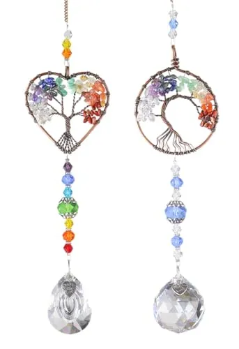 EANAGO 2er-Set Sonnenfänger Kristall Fenster - Baum des Lebens - Deko Fenster - Windspiel - Fensterdeko hängend - Kristall Sonnenfänger Fenster - Gartendeko - Suncatcher - spirituelle Deko