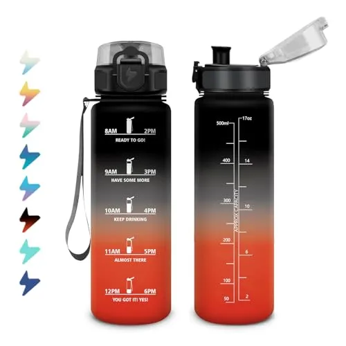 Trinkflasche 500ml, Wasserflasche Kohlensäure Geeignet, Sport Trinkflasche mit Zeitmarkierung, Auslaufsicher mit Filter, Einhandöffnung, Sportflasche Perfekt für Camping, Kinder, Büro, Laufen