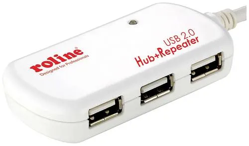 ROLINE USB 2.0 4-Port Hub mit Repeater, 12 m - USB-Verlängerung mit 4 Ports, optimale Übertragungsrate und einfache Stromversorgung vom PC