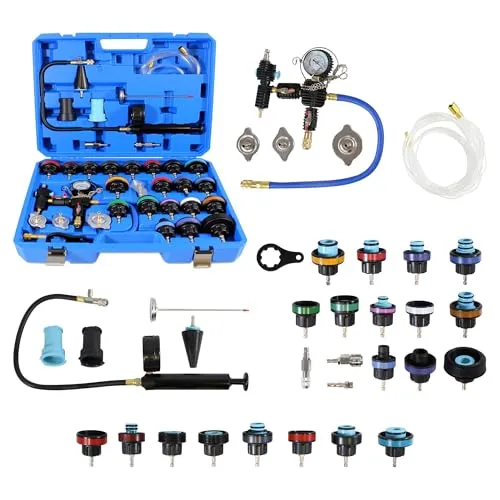 Kühlsystem Entlüftungsgerät & Kühlsystem Abdrückgerät 33tlg Diagnose Satz – Kühlsystem Drucktester Set, Kühlwasser Abdrückgerät, Kühlwasser Messgerät & Kühlmittel Tester – Lecksucher Profi Werkzeug