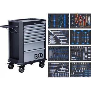 BGS Werkstattwagen 8 Schubladen mit 299 Werkzeugen - Bestückter Werkstattwagen mit 299 Werkzeugen, kratzfestem, pulverbeschichtetem Korpus und abschließbarem Design für optimale Sicherheit und Ordnung in der Werkstatt.