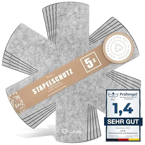 LoFelt® Pfannenschoner & Stapelschutz - 5 Stück in Sternform, Ø 32cm - Topfuntersetzer aus umweltfreundlichem Filz, schützt effektiv Ihre Pfannen und Töpfe, platzsparend stapelbar und individuell zuschneidbar für alle Größen.
