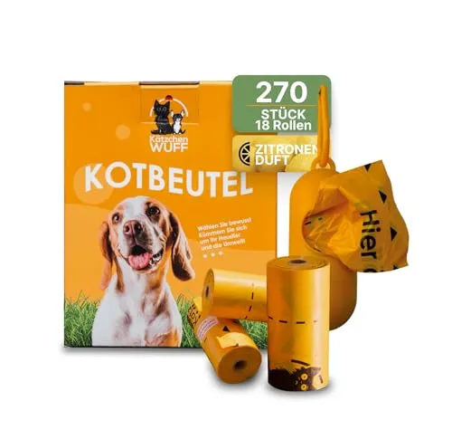 Hundekotbeutel - mit Spender, mit Kotbeutelhalter für Leine, – 270 Stück (18 Rollen) mit Zitronenduft, extra reißfest, hygienisch, passt in alle Standardspender