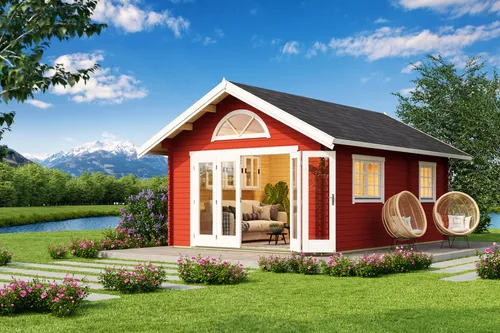 Gartenhaus Blockhaus 40 mm Caroline 2.3 in Schwedenrot - Gartenhaus mit 21,66 m² Nutzfläche und isolierverglasten Fenstern, ideal für Gartenliebhaber, die zusätzlichen Raum suchen.