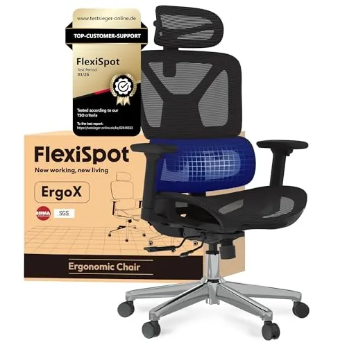Produktbild FLEXISPOT Ergonomischer Bürostuhl Schreibtischstuhl, 3D-Armlehnen, 3D-Kopfstütze, 5D-verstellbare Rückenlehne, Atmungsaktiver Sitz Belastbar bis 136 kg Arbeitsstuhl, ErgoX, Schwarz