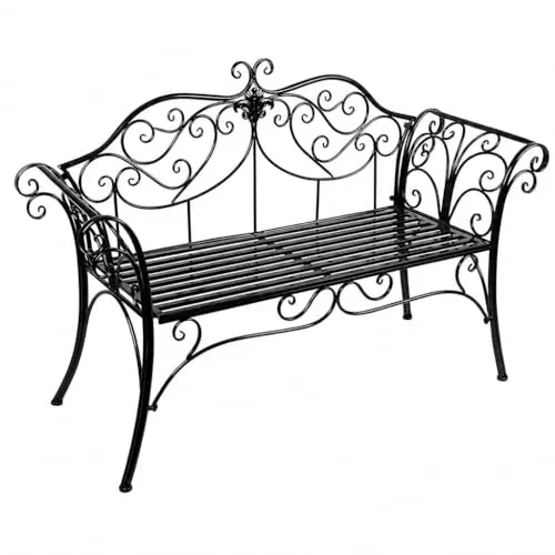 hotsizz Gartenbank Wetterfest für 2–3 Personen, 133 × 90 × 49 cm, Gartenbank Metall mit Rückenlehne und Armlehnen, geeignet für Balkon, Terrasse, Garten, Veranda und Park,Schwarz