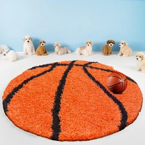 Teppium Kinderteppich Hochflor 120 cm Rund Orange - Basketball Teppich für Jungen und Mädchen, Extra Weich, Flauschig und 30 mm Florhöhe - Runder Teppiche fürs Kinderzimmer, Babyzimmer und Spielzimmer