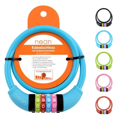 nean Fahrradschloss für Kinder 10x650 mm - Fahrrad-Kabelschlösser mit individueller 4-stelliger Zahlenkombination, ideal für Kinderfahrräder und Laufräder. Wetterbeständig und mit gummierter Ummantelung für Lackschutz.