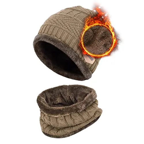 Aisprts Wintermütze Beanie Schal Set Thermische Strickmütze Wintermütze und Loop Schal mit Fleece Futter für Herren und Damen, Unisex Winter Warme Set, Khaki, Einheitsgröße
