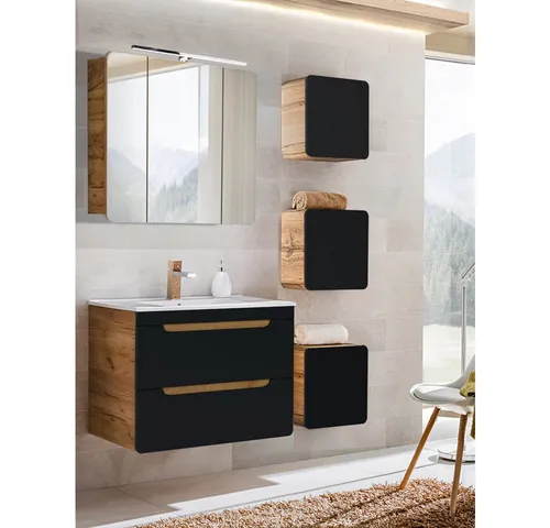 Lomadox Badmöbel-Set NEW-LUTON, 5-teilig mit 80 cm Keramik-Waschtisch - Modernes Badmöbel-Set in seidenmatt anthrazit mit Wotaneiche, Softclose-Systemen und LED-Spiegelschrank – ideal für ein stilvolles Badambiente.