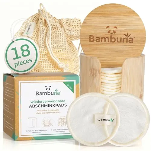 Bambuna Wiederverwendbare Abschminkschwämme mit Bambusbox - Nachhaltige Make-Up Entferner Pads, Made in Germany, ideal für alle Hauttypen, waschbar und wiederverwendbar, inklusive Waschbeutel aus 100% Bio-Baumwolle.
