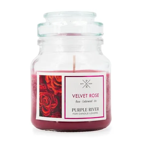 Purple River kleine Duftkerze im Glas mit Deckel | Velvet Rose | Duftkerze Rose | Sojawachskerze | Raumduft für Zuhause | Geschenke für Frauen