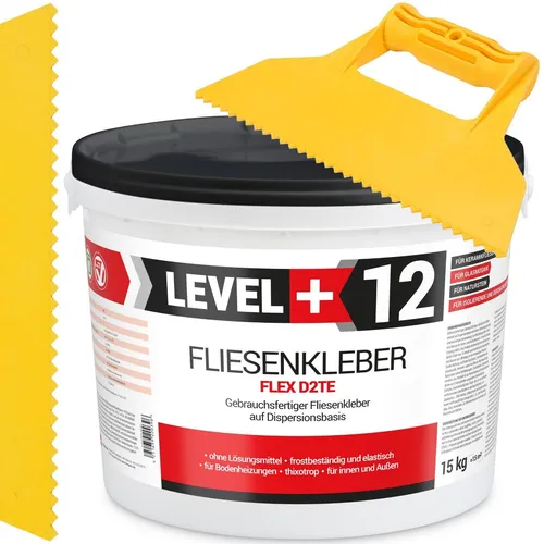 Dispersionkleber Set Fertig-Fliesenkleber 15kg Flex - Kleber & Leime - Flexibler Fliesenkleber mit Dreieckzahnspachtel, ideal für verschiedene Oberflächen wie Fliesen, Holz und Beton, für Innen- und Außenanwendungen geeignet.