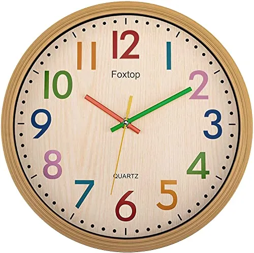 Foxtop Kinder Wanduhr Lautlos 30 cm - Uhren fürs Kinderzimmer – Stilvolle, bunte Wanduhr ohne Tickgeräusche, ideal zum spielerischen Uhr lesen lernen und für eine ruhige Umgebung.