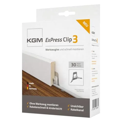 KGM Sockelleisten ExPress Clips 3 – Werkzeuglose Montage für Fußleisten - Sockelleisten-Befestigungsclips für einfache Montage ohne Schrauben oder Kleber. Integrierter Kabelkanal verstaut Kabel unsichtbar. 30 Stück für 15-20 m Sockelleisten.