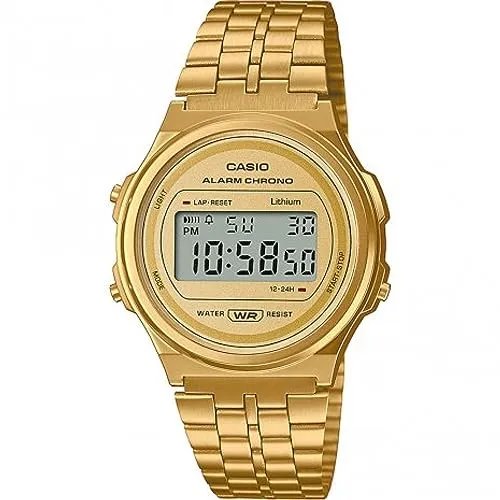 Casio Unisex Quartz Armbanduhr A171WEG-9AEF - Armbanduhren für Herren mit 38.80mm Gehäuse, elegantes Gold-Zifferblatt und robustem Metallarmband für einen stilvollen Look.
