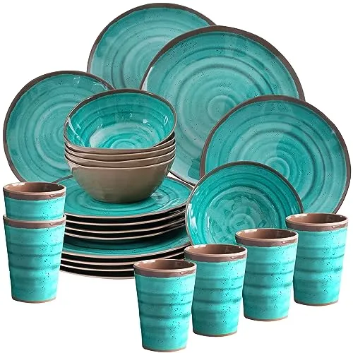 Melamin Geschirr Set 6 Personen Steingut Optik aqua-grün 24 Teile Tellern