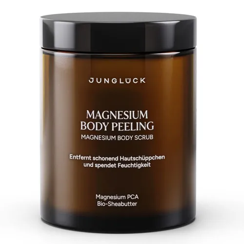 JUNGLÜCK Magnesium Body Peeling - Natürliches Peeling für geschmeidige Haut. Mit Zucker- und Magnesiumkristallen entfernt es sanft abgestorbene Hautzellen und hinterlässt ein weiches Hautgefühl. Ideal für die tägliche Pflege und einen erfrischenden Self-Care Moment.