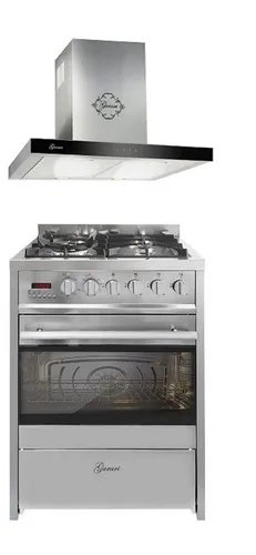 GURARI Gas-Standherd 60 cm Edelstahl Gasherd mit Elektrobackofen 60 L Range Coocker mit Dunstabzugshaube mit Fernbedienung, 60 cm, Edelstahl Glas, EEK A, Wandhaube 1000 m³/h Motor GCH E 610 X+GCH 462 IS 6 Prime., mit 1-fach-Teleskopauszug