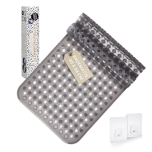 Rutschmatte Badewanne in Grau I 88x40cm I Hochwertige Antirutschmatte für Badewanne I Antibakterielle Badewannenmatte mit Saugnäpfen & Ablauflöchern I Anti Schimmel Badewannen Matte