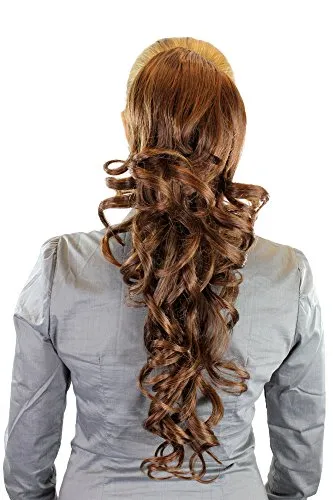 Haarteil/Zopf voluminös Locken lockig sehr lang (60 cm) + Steckkämme & Gummizug Brünett WK03-340B