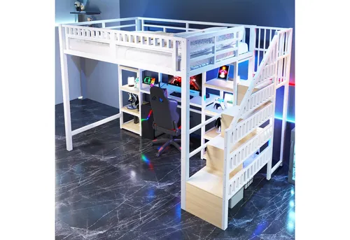 SOFTWEARY Hochbett mit RGB LED-Streifen und Schreibtisch (140x200 cm, mit Lattenrost, Treppe und Regal) Kinderbett mit Rausfallschutz, Metallbett