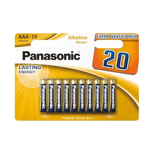 Panasonic AAA Batterien 20 Stück - Alkaline LR03 mit Auslaufschutz - Hochwertige Alkaline Power AAA-Batterien für langlebige Leistung in Fernbedienungen, Waagen und Uhren. Mit 7 Jahren Lagerfähigkeit und fortschrittlichem Auslaufschutz für maximale Sicherheit.