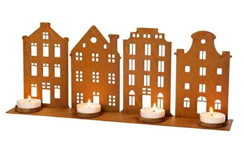 Teelichthalter Häuserzeile Rost | Häuser auf Stand | Halter Teelichter | Metall | 52 cm | Kerzenständer Kerzenhalter