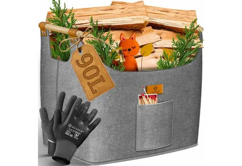 KESSER Kaminholzkorb XL - Kaminholzkörbe, dekorativer und robuster Filzkorb mit rutschsicheren Holzgriffen, ideal für die praktische Aufbewahrung und den Transport von Kaminholz.