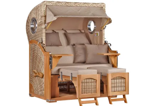 MR.DEKO Strandkorb Düne Bullauge Teak PE Shell 2-Sitzer in braun von MR.DEKO