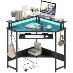 COSTWAY Eckschreibtisch mit Ladestation - Schreibtisch mit platzsparendem Design und integrierter Ladestation. Ideal für Gaming und Home Office, ausgestattet mit LED-Beleuchtung und ergonomischem Monitorständer.