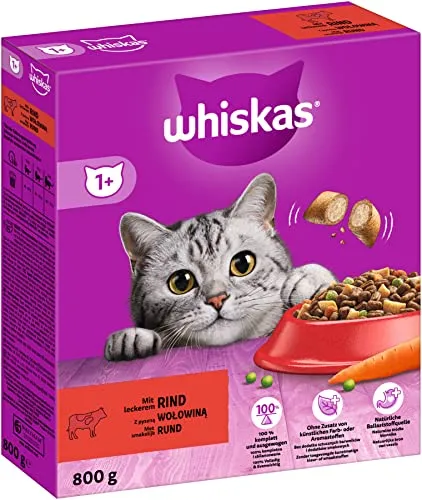 Whiskas Adult 1+ Trockenfutter Rind, 5x800g (5 Packungen) - Katzentrockenfutter für erwachsene Katzen - unterschiedliche Produktverpackungen erhältlich