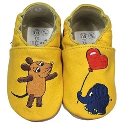 Krabbelschuhe Maus mit Elefant Herz gelb 16/17 - Babyschuhe aus hochwertigem, weichem Rindsleder, ideal für erste Krabbelversuche und bequemes Tragen zuhause. Rutschfeste Sohle für sicheren Halt und optimaler Schutz der kleinen Füße.